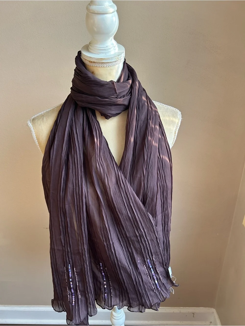 Women's Crinkled Plum Scarf with Subtle Sequin Detail